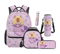 SEANATIVE Set di 5 zaini impermeabili con borsa per il pranzo e astuccio per matite, Capibara sirena, Zainetto