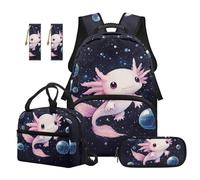 SEANATIVE Set di 5 zaini impermeabili per libri da 9 a 12 anni con borsa termica per il pranzo, Galaxy Axolotl, Zainetto
