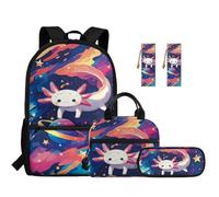 SEANATIVE Set di 5 zaini per bambini da 17 pollici carino traspirante con borsa per il pranzo, Galassia colorata Axolotl, Zainetto