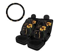 SEANATIVE, Set di coprisedili per auto, 5 pezzi, con coprisedili anteriori, coprisedili posteriori e coprivolante, universali motivo con girasoli gialli e graziosi gattini