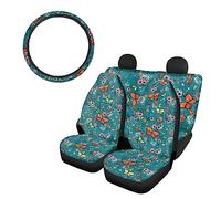 SEANATIVE, Set di coprisedili per auto e coprivolante per volante da 38 cm, eleganti, morbidi e confortevoli, motivo con stampa di fiori e farfalle