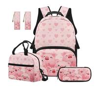 SEANATIVE Set di zaino per bambini da 9 a 12 anni, 43 cm, 5 pezzi, con borsa per il pranzo, Cuore di maiale rosa, Zainetto