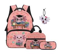 SEANATIVE Set zaino da 17 pollici per bambini 9-12 anni zaino cartone animato con scatola per il pranzo 4 pezzi, Stampa Axolotl Cartoon, Zainetto