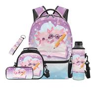 SEANATIVE Set zaino per bambini da 9 a 12 anni, 5 pezzi, con borsa per il pranzo, Axolotl Viola, Zainetto