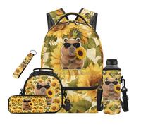 SEANATIVE Set zaino per bambini da 9 a 12 anni, 5 pezzi, con borsa per il pranzo, Capibara Girasole Giallo, Zainetto