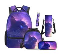 SEANATIVE Set zaino per bambini da 9 a 12 anni, 5 pezzi, leggero, con borsa termica per il pranzo, Gatto Galassia, Zainetto