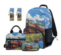 SEANATIVE Set zaino per bambini dai 9 ai 12 anni con borsa per il pranzo, set da 5 pezzi, Treno dei cartoni anim, Zainetto