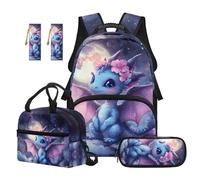 SEANATIVE Set zaino per bambini di 9-12 anni, 5 pezzi, con borsa termica per il pranzo, Drago blu., Zainetto
