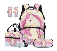 SEANATIVE Set zaino per bambini per ragazzi 9-12 anni borsa da scuola con scatola per il pranzo, Cavallo rosa., Zainetto