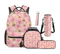 SEANATIVE Set zaino per libri da 9 a 12 anni con borsa termica per il pranzo, 5 pezzi, Ape Rosa Flore, Zainetto