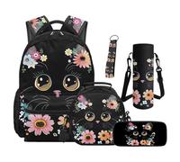 SEANATIVE Set zaino per libri da 9 a 12 anni con borsa termica per il pranzo, 5 pezzi, Gatto floreale nero, Zainetto
