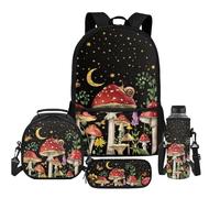 SEANATIVE Zaino per bambini, 4 pezzi, con borsa per il pranzo, copertura per tazza d'acqua e astuccio, borsa per libri scolastici, borsa con cerniera, zaino per computer portatile, Fungo rosso, Zaini