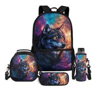 SEANATIVE Zaino per ragazzi e bambini, stile casual, set da 4 pezzi, con coperchio per tazza d'acqua e astuccio per la scuola, Motivo lupo galas, Zaini