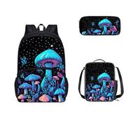 SEANATIVE Zaino scolastico da 17 pollici con portapranzo e custodia per matite, set per bambini e scuole medie, molte tasche, Fungo blu.