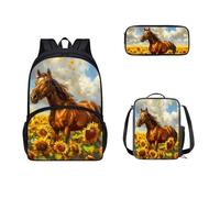 SEANATIVE Zaino scolastico da 17 pollici con portapranzo e custodia per matite, set per bambini e scuole medie, molte tasche, Cavallo di girasole