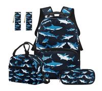 SEANATIVE Zaino scolastico per bambini con borsa per il pranzo, set da 5 pezzi, Stampa Squalo Blu, Zainetto