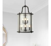 Lampadario Industrial Lantern Acciaio Nero Vetro Trasparente 8 Luci E14