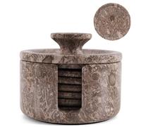 SEARTHEN CRAFTS et di 6 sottobicchieri in marmo, 8,9 cm, rotondi, effetto pietra marina, con supporto e coperchio, ideali per decorare tavoli e tavolini o per l'arredamento di casa