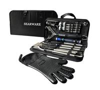 SEARWARE Set di utensili per barbecue in acciaio inox, design resistente e durevole, guanto resistente al calore e spazzola per griglia senza setole, termometro, iniettore di carne e spiedini di mais