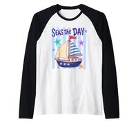 Seas The Day Barca a Vela Ocean Explorer Design Maglia con Maniche Raglan