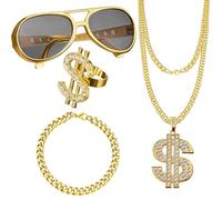 Seasboes Set di 4 collane a forma di dollaro, per costume hip hop, accessori per costume hip hop, braccialetti con segno dollaro, set di collane in oro, accessori rapper, gioielli hip hop per
