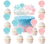 Seashell Gender Reveal Decorazioni He or She We Shell See Cake Topper Rosa Blu Spiaggia Oceano Shell Cake Picks Floreale Shell Stella Marina Decorazioni per torte per donne sotto il mare Forniture per