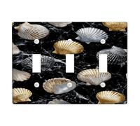 Seashell, piastra di copertura per interruttore della luce, capesante oro e argento su marmo nero per decorazioni costiere, piastre da parete in materiale termoplastico, dimensioni standard, tripla
