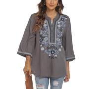 Seasonal Camicetta hippie da donna Bohemian Messican Top 3/4 Manica Scollo a V Button-up Tunica Folklore Camicetta Con Ricamo, Grigio-372, L