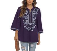 Seasonal Camicetta hippie da donna Bohemian Messican Top 3/4 Manica Scollo a V Button-up Tunica Folklore Camicetta Con Ricamo, Viola-372, 3XL