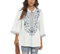 Seasonal Camicetta hippie da donna Bohemian Messican Top 3/4 Manica Scollo a V Button-up Tunica Folklore Camicetta Con Ricamo, Bianco-372, XL