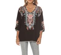 Seasonal Camicetta ricamata da donna Tunica elegante bohémien Folklore Hippie Camicette bohémien con maniche a 3/4 Top vintage da donna(438,Nero,3XL)