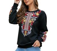 Seasonal Camicia da Donna con Ricamo Bohémien, a Maniche Lunghe, Stile Hippie,525-nero, S