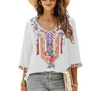 Seasonal Camicie bohémien ricamate messicane da donna estive boho camicie hippie contadino manica 3/4 scollo a V camicette tunica, bianco-328, M