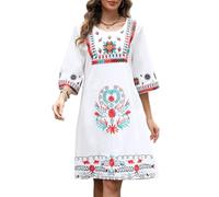 Seasonal Donna Bohemian Maniche 3/4 Abito Folklore Floreale Ricamo Abiti Girocollo Vintage Allentato Abiti Casual Per Le Donne, 789-bianco, M