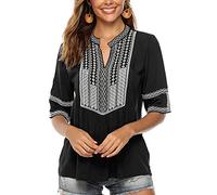 Seasonal Ucraina Camicetta Estiva Donna Tunica Ricamo folcloristico Tops Boho Hippie Maniche Corte Top Allentato(058,Nero,S)