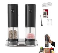 Seasonmate - Stainless Steel Electric Salt & Pepper Grinder Set((2 Grinders + Base)),One-Touch Battery Operated Mill With Adjustable Coarseness & Led Light For Kitchen, Outdoor, BBQ (Black)