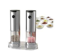 Seasonmate - Stainless Steel Electric Salt & Pepper Grinder Set((2 Grinders + Base)),One-Touch Battery Operated Mill With Adjustable Coarseness & Led Light For Kitchen, Outdoor, BBQ (Silver)