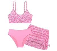 SEAUR Bikini da bambina con gonna, 3 pezzi, costume da bagno imbottito, per adolescenti, alla moda, stampato, costume da bagno per bambini, 130-160 cm, Colore: rosa., 130 cm