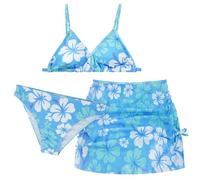 SEAUR Bikini da bambina con gonna, 3 pezzi, costume da bagno stampato, costume da bagno imbottito, per 140-170 cm, A-fiori blu, 150 cm