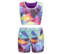 SEAUR - Body da ginnastica da bambina, senza maniche, per bambini, classico, da ginnastica, da ballo, con motivo geometrico arcobaleno, 100-150 cm, Set da 2 pezzi - Viola, 5-6 Anni