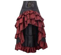 SEAUR Gonna da donna in stile gotico steampunk, maxi gonna a pieghe vintage vittoriana, gonna a vita alta in pizzo con volant, Rosso, S
