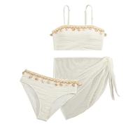 SEAUR Ragazza Set Bikini con Gonna a Maglia 3 Pezzi Costume da Bagno Moda Conchiglia Bikini Set Bambino Estate Spiaggia Piscina 8-12 Anni, bianco, 8 anni