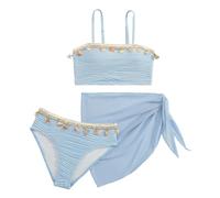 SEAUR Ragazza Set Bikini con Gonna a Maglia 3 Pezzi Costume da Bagno Moda Conchiglia Bikini Set Bambino Estate Spiaggia Piscina 8-12 Anni, azzurro, 10 anni