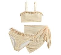 SEAUR Ragazza Set Bikini con Gonna a Maglia 3 Pezzi Costume da Bagno Moda Conchiglia Bikini Set Bambino Estate Spiaggia Piscina 8-12 Anni, cachi., 11 anni