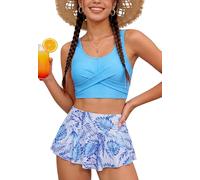 SEAUR Set Bikini per Ragazze Adolescenti Due Pezzi Costume Da Bagno Imbottito Slip del Bikini con Gonna Stampata Moda Mare Bambini 9-16 Anni, Blu, 9-10 Anni