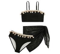 SEAUR Set Bikini per Ragazze con Gonna in Maglia 3 Pezzi Costume da Bagno alla Moda con Decorazione a Conchiglia Costumi da Bagno Imbottiti Abbigliamento da Bagno per Bambini 8-12 Anni, Nero , 11 anni
