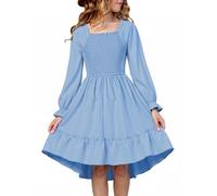 SEAUR Vestito da bambina a maniche lunghe con volant e scollo quadrato, per bambini dai 3 ai 14 anni, Blu, 11-12 Anni