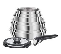 Seb Compact Inox - Set di pentole 10 pezzi, induzione, padelle 22/24/26 cm, pentole 16/18/20 cm, padella 24 cm, coperchi 18/20 cm, 1 manico L953SA04, nero, argento, 35.4 x 35.29 x 26.8 cm