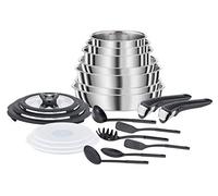 Seb Compact Inox - Set di pentole 20 pezzi, induzione, padelle 22/24/26 cm, casseruole 16/18/20 cm, padella 24 cm, coperchi vetro + conservazione, spatole, manici L953SK04