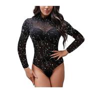 SEBOWEL Body da Donna a Maniche Lunghe Sexy Scollo Rotondo Mesh Bodysuit Body Tops Nero L